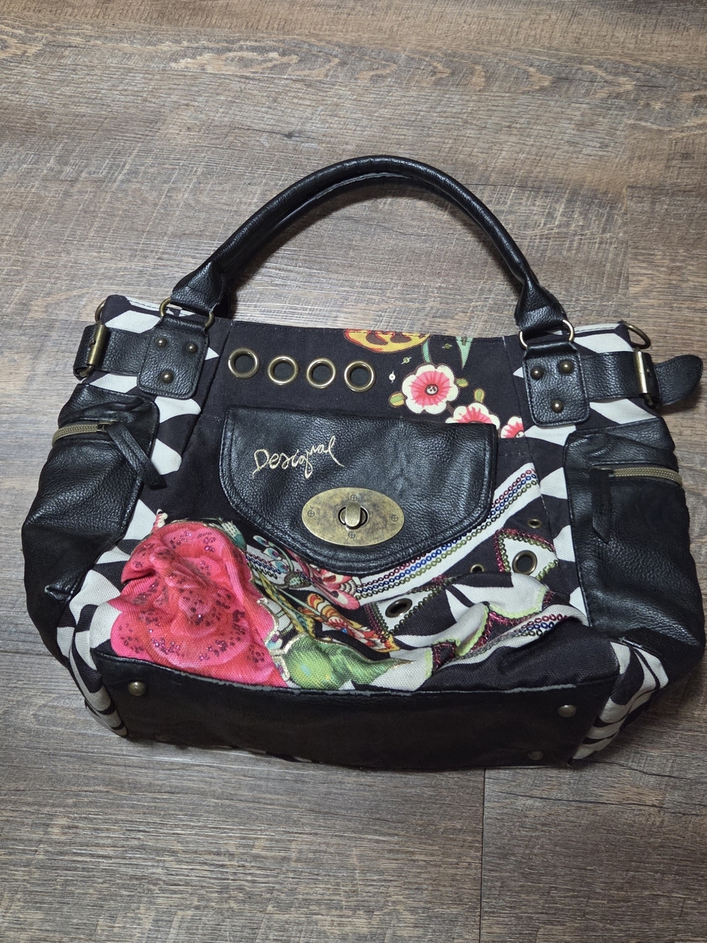 Desigual Black Floral Patterned Tote Bag